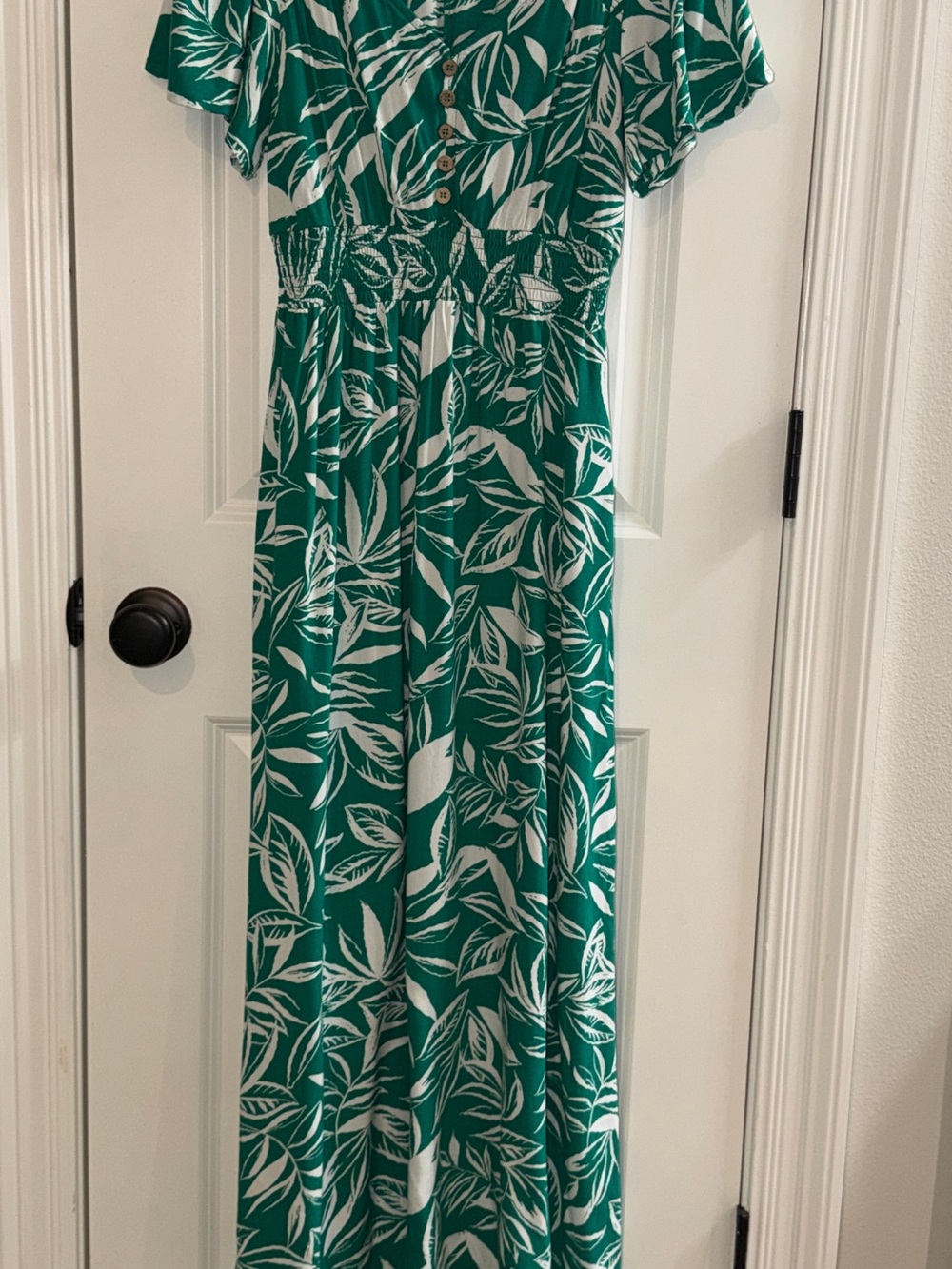 Japna Green Tropical Leaf Flutter Sleeve Maxi Dress Small